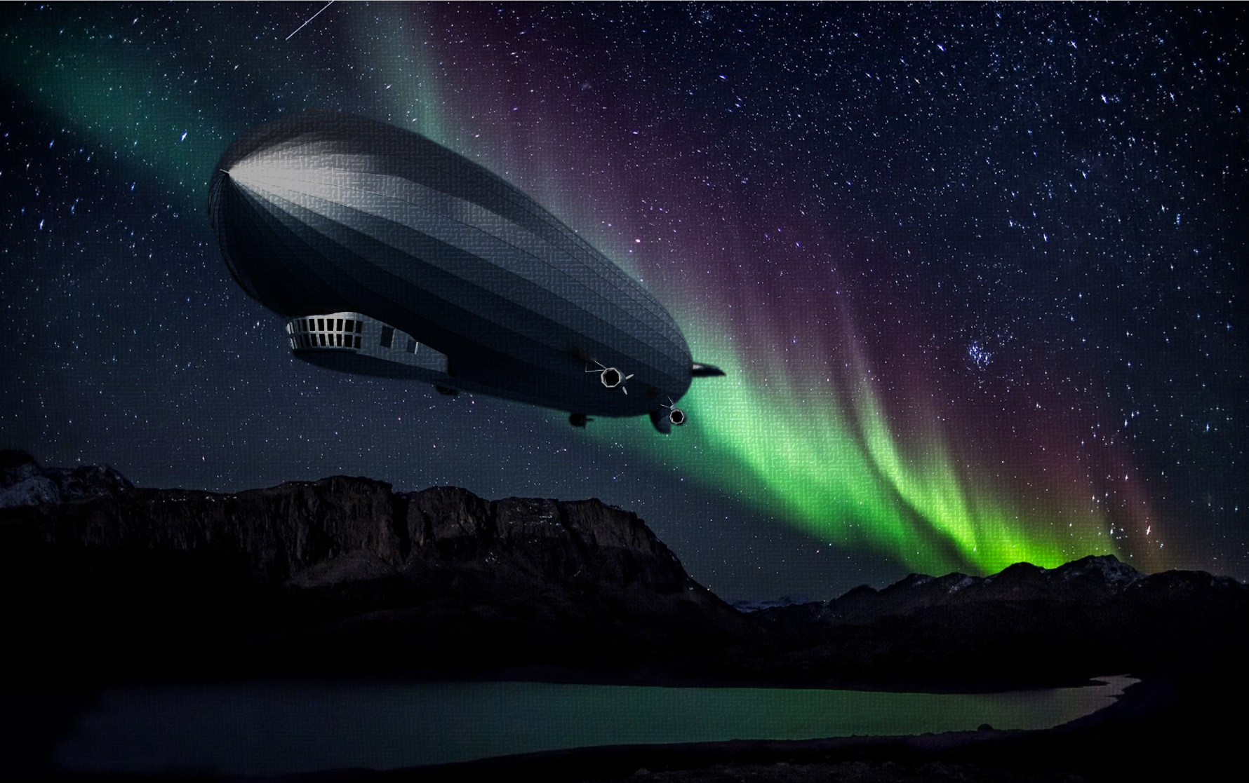 A colossal airship hovering with an aurora behind it in the night